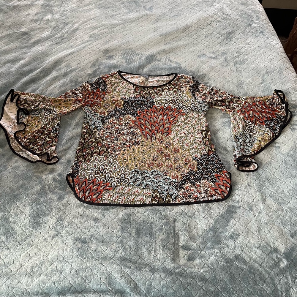 Coco Bianco Brown and‎ Orange colorful Dolman belle Sleeve Blouse tunic style
